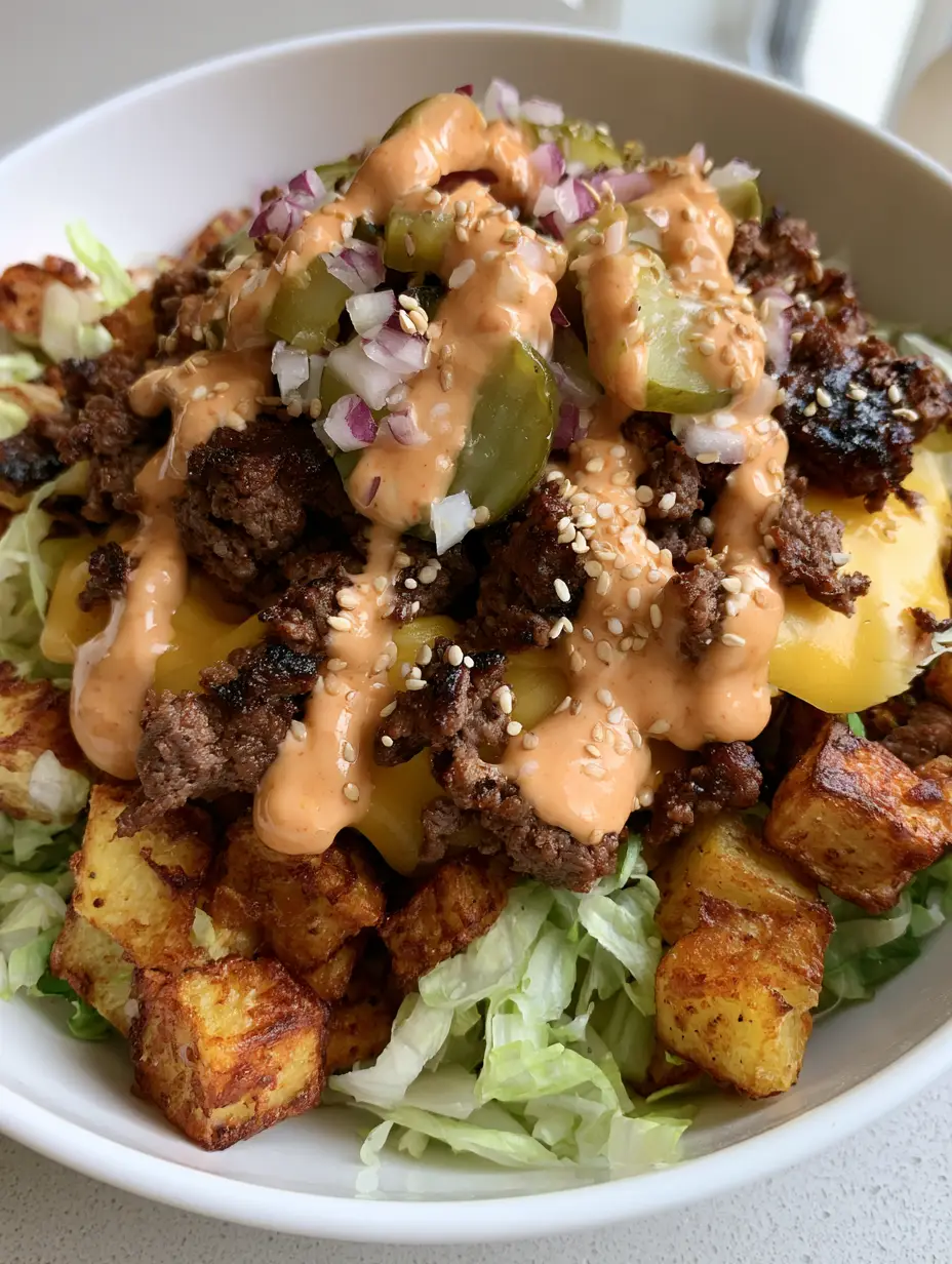 Smash Burger Bowl with Crispy Roasted Potatoes and Special Sauce