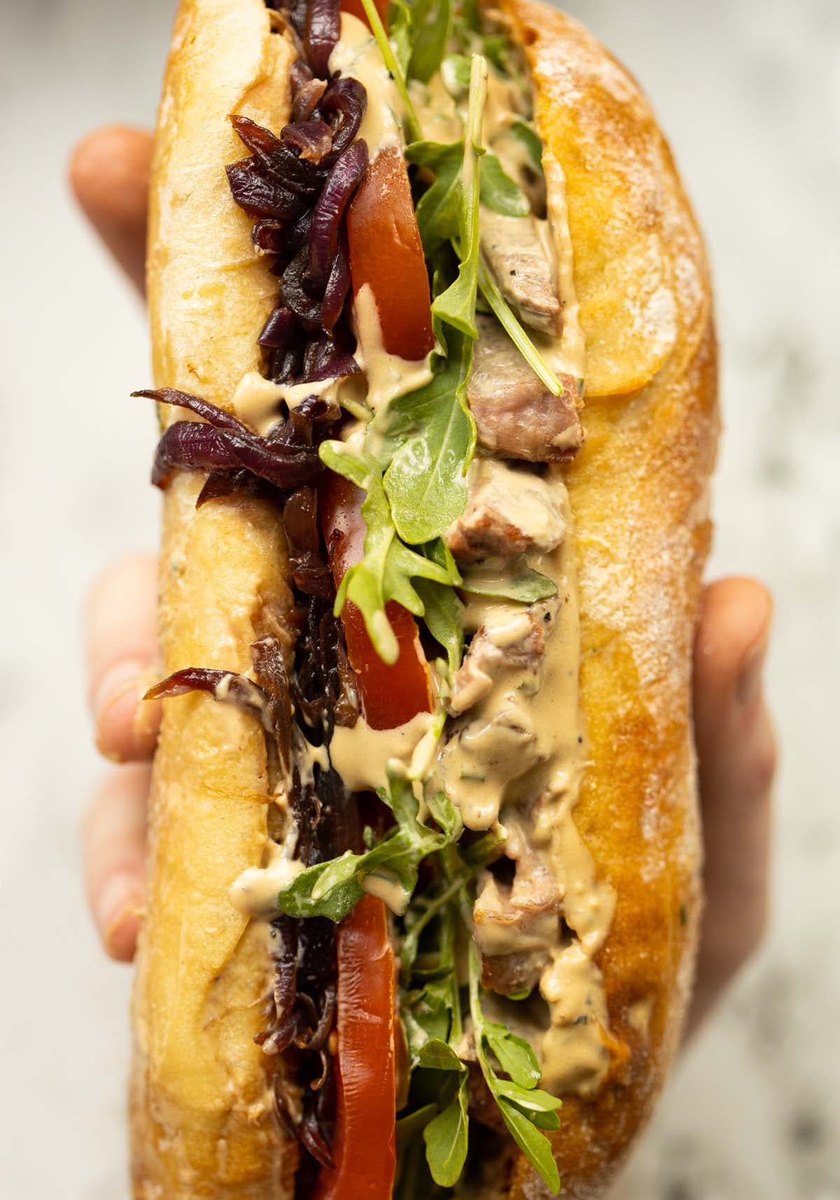 Steak Sandwich with Caramelised Onions and Blue Cheese Sauce