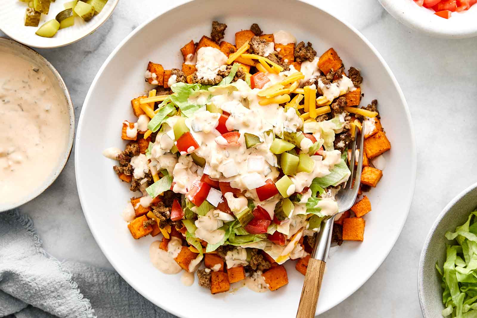Sweet Potato Burger Bowl with Ground Beef and Burger Sauce