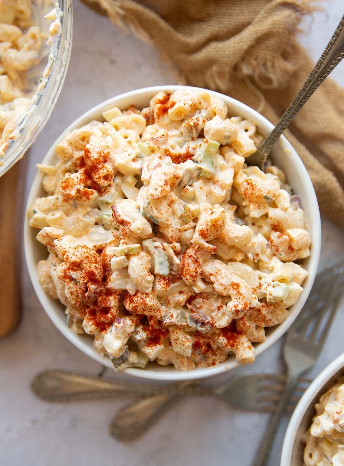Deviled Egg Pasta Salad with Bacon and Dill Pickles