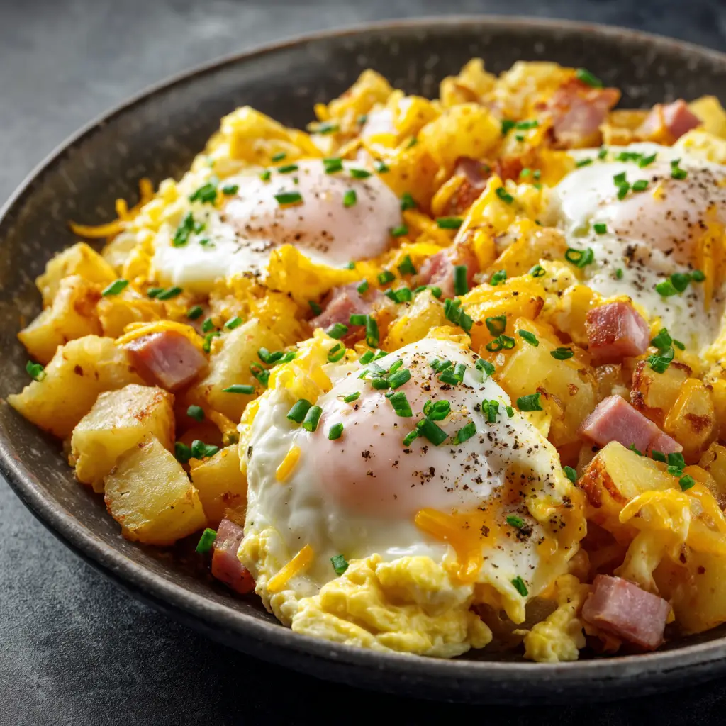 Cheesy Potato Egg Scramble with Sharp Cheddar and Chives