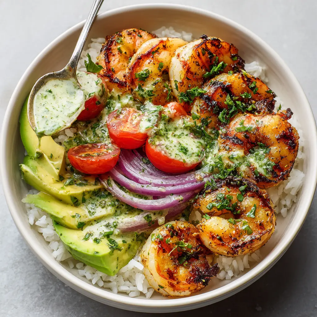 Shrimp and Avocado Rice Bowl with Cilantro-Lime Dressing