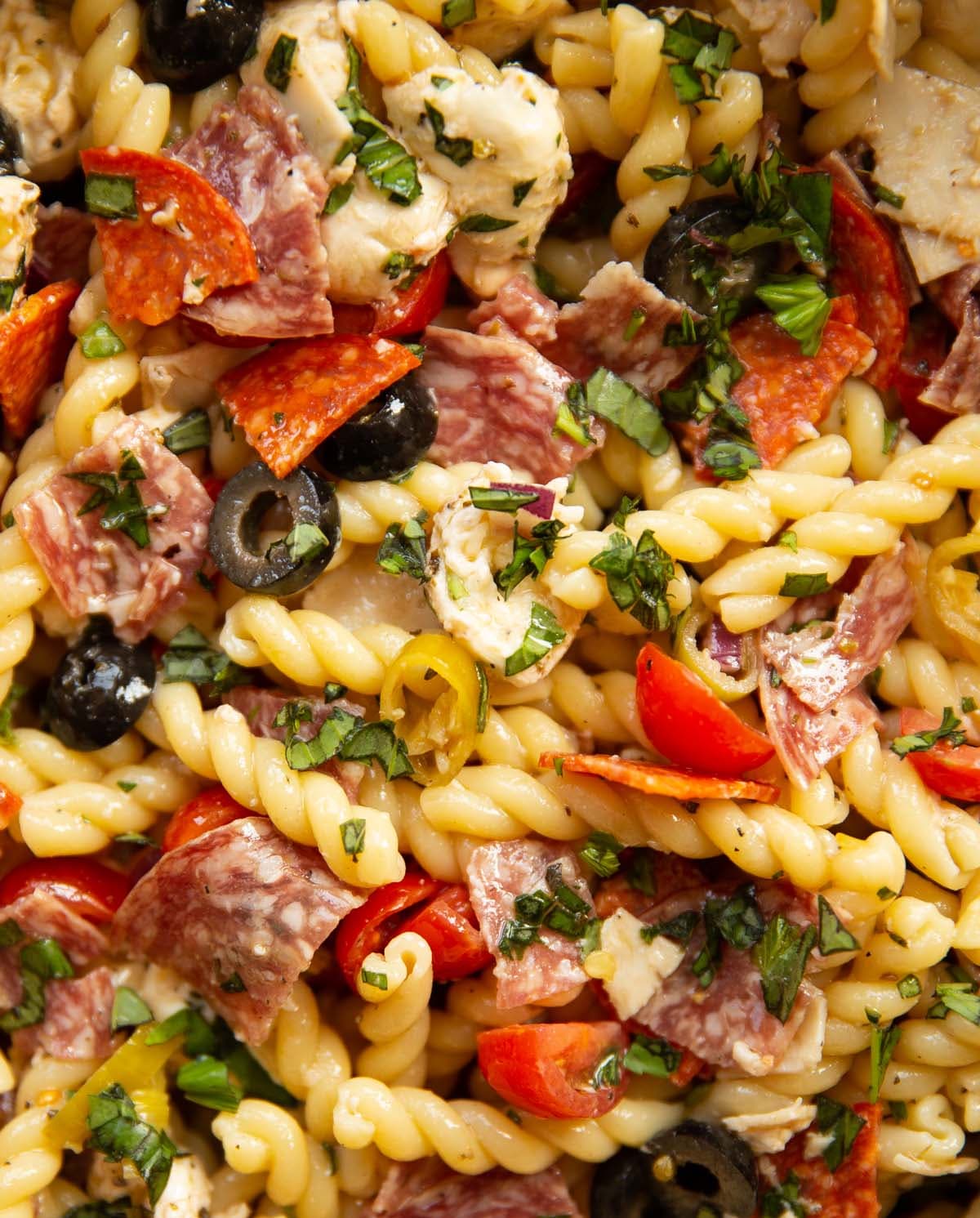 Italian Sub Pasta Salad with Pepperoni, Salami, and Mozzarella