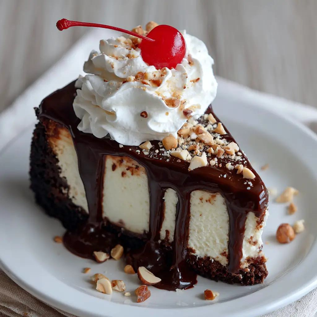 Hot Fudge Sundae Brownie Cheesecake with Roasted Peanuts