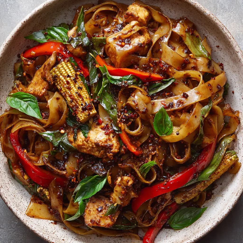 Thai Drunken Noodles (Pad Kee Mao) With Chicken and Basil